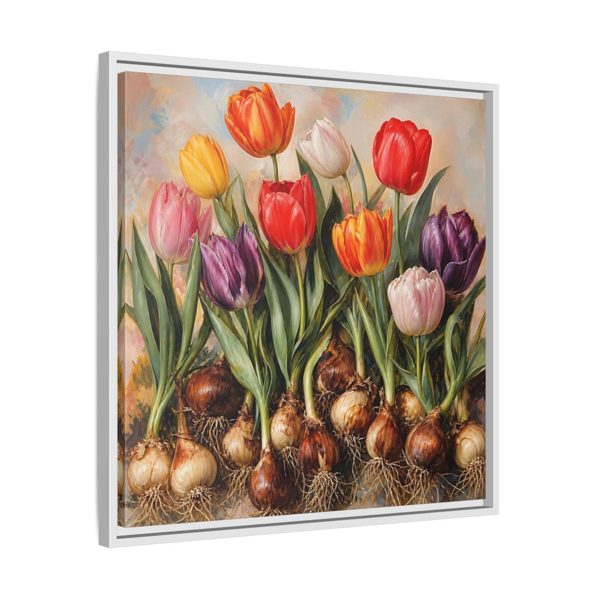 Side Mockup 26. Floral Tulips Colorful Tulip Bulbs shown as stretched canvas wall art