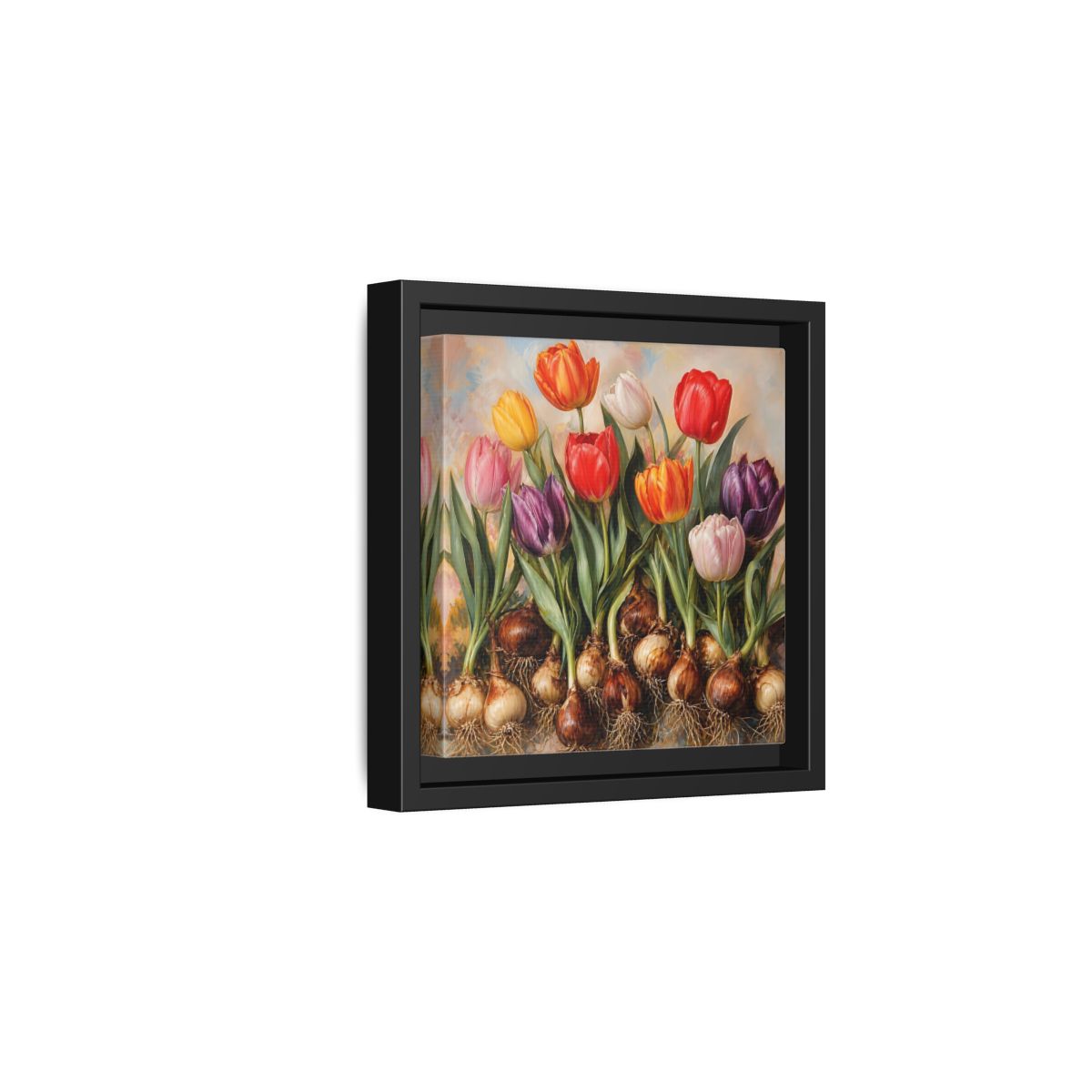 Side Mockup 3. Floral Tulips Colorful Tulip Bulbs shown as stretched canvas wall art