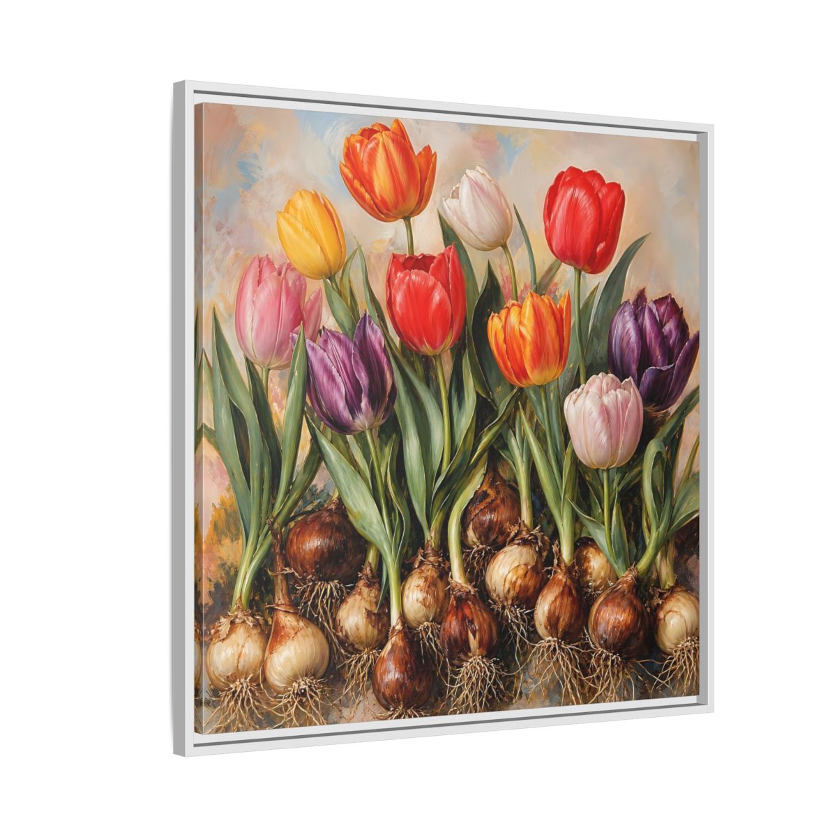Side Mockup 7. Floral Tulips Colorful Tulip Bulbs shown as stretched canvas wall art