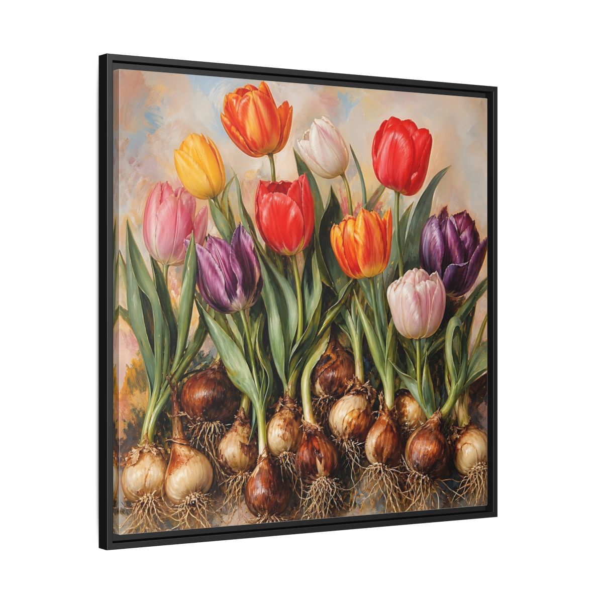 Side Mockup 30. Floral Tulips Colorful Tulip Bulbs shown as stretched canvas wall art