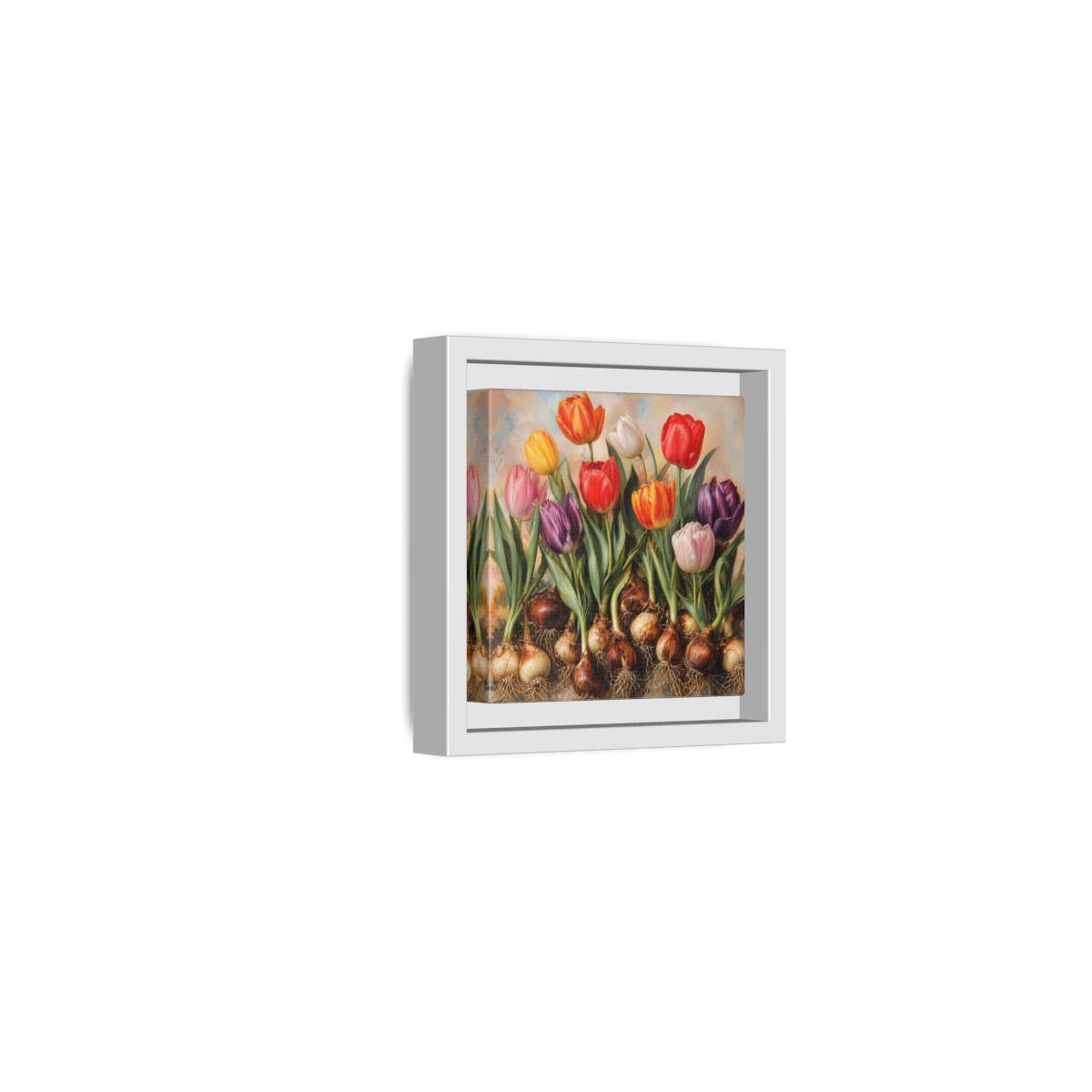 Side Mockup 22. Floral Tulips Colorful Tulip Bulbs shown as stretched canvas wall art