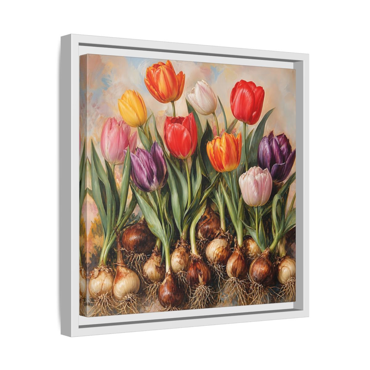 Side Mockup 28. Floral Tulips Colorful Tulip Bulbs shown as stretched canvas wall art