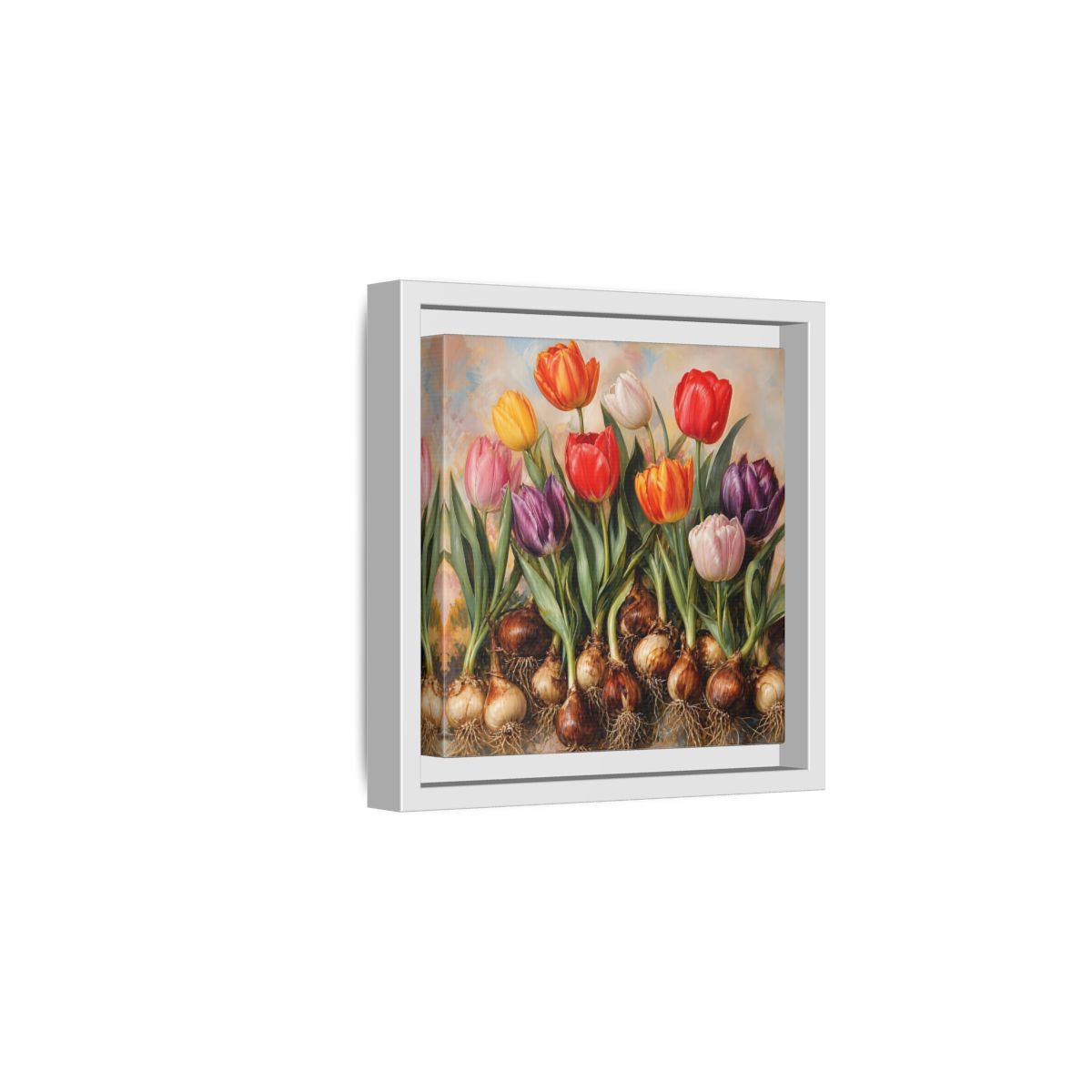 Side Mockup 1. Floral Tulips Colorful Tulip Bulbs shown as stretched canvas wall art