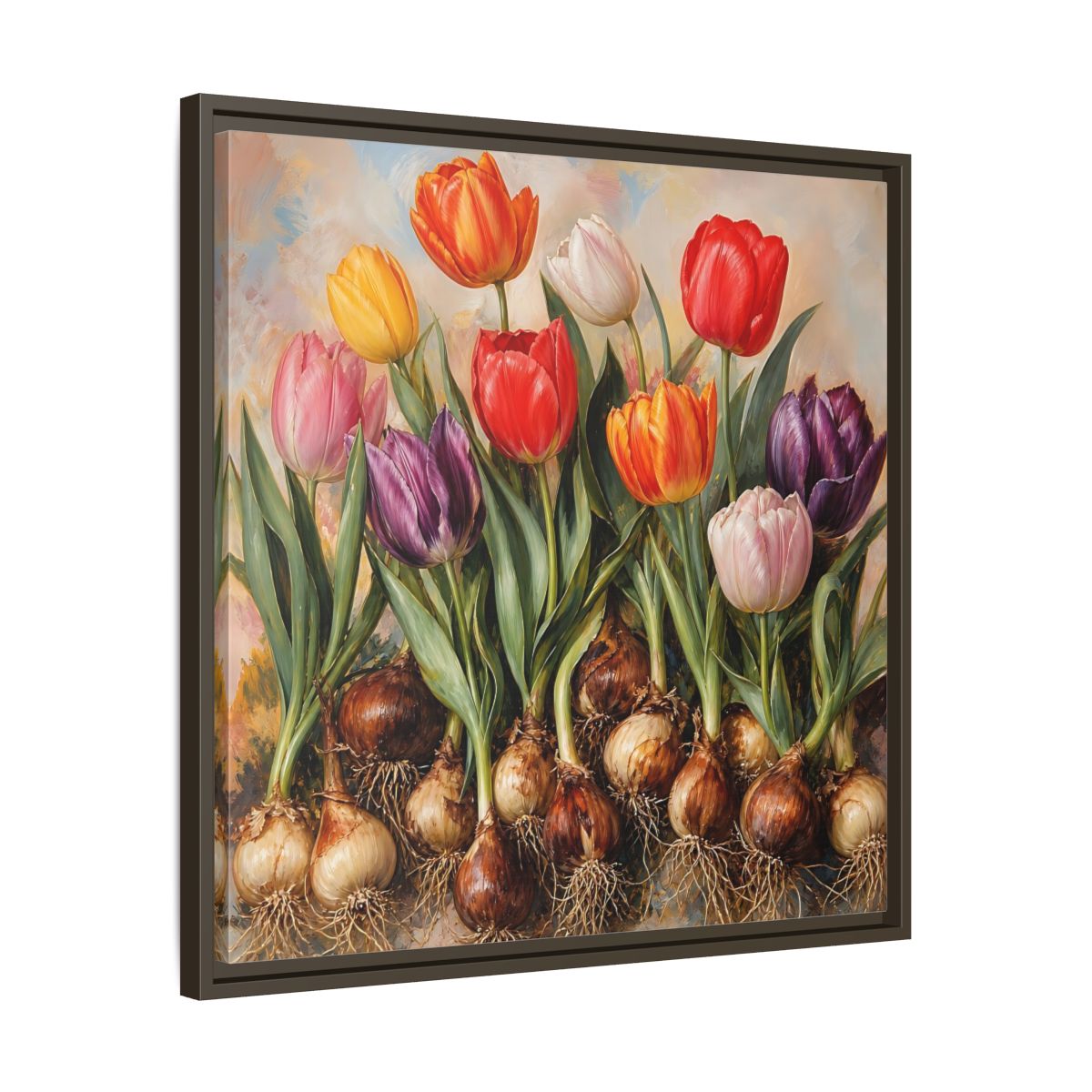 Side Mockup 27. Floral Tulips Colorful Tulip Bulbs shown as stretched canvas wall art