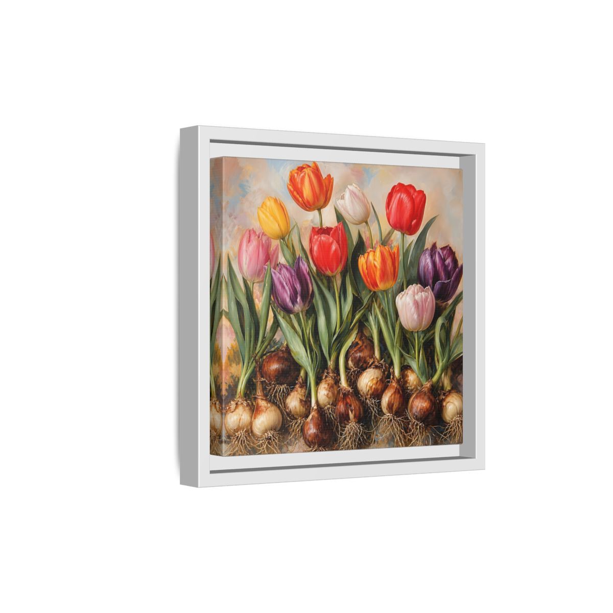 Side Mockup 19. Floral Tulips Colorful Tulip Bulbs shown as stretched canvas wall art