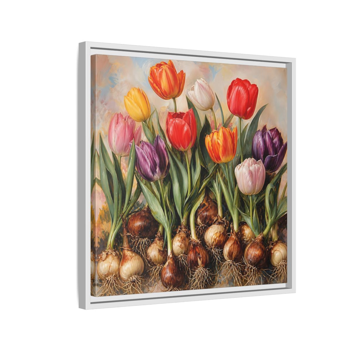 Side Mockup 10. Floral Tulips Colorful Tulip Bulbs shown as stretched canvas wall art