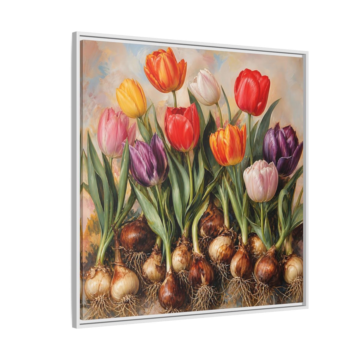 Side Mockup 4. Floral Tulips Colorful Tulip Bulbs shown as stretched canvas wall art