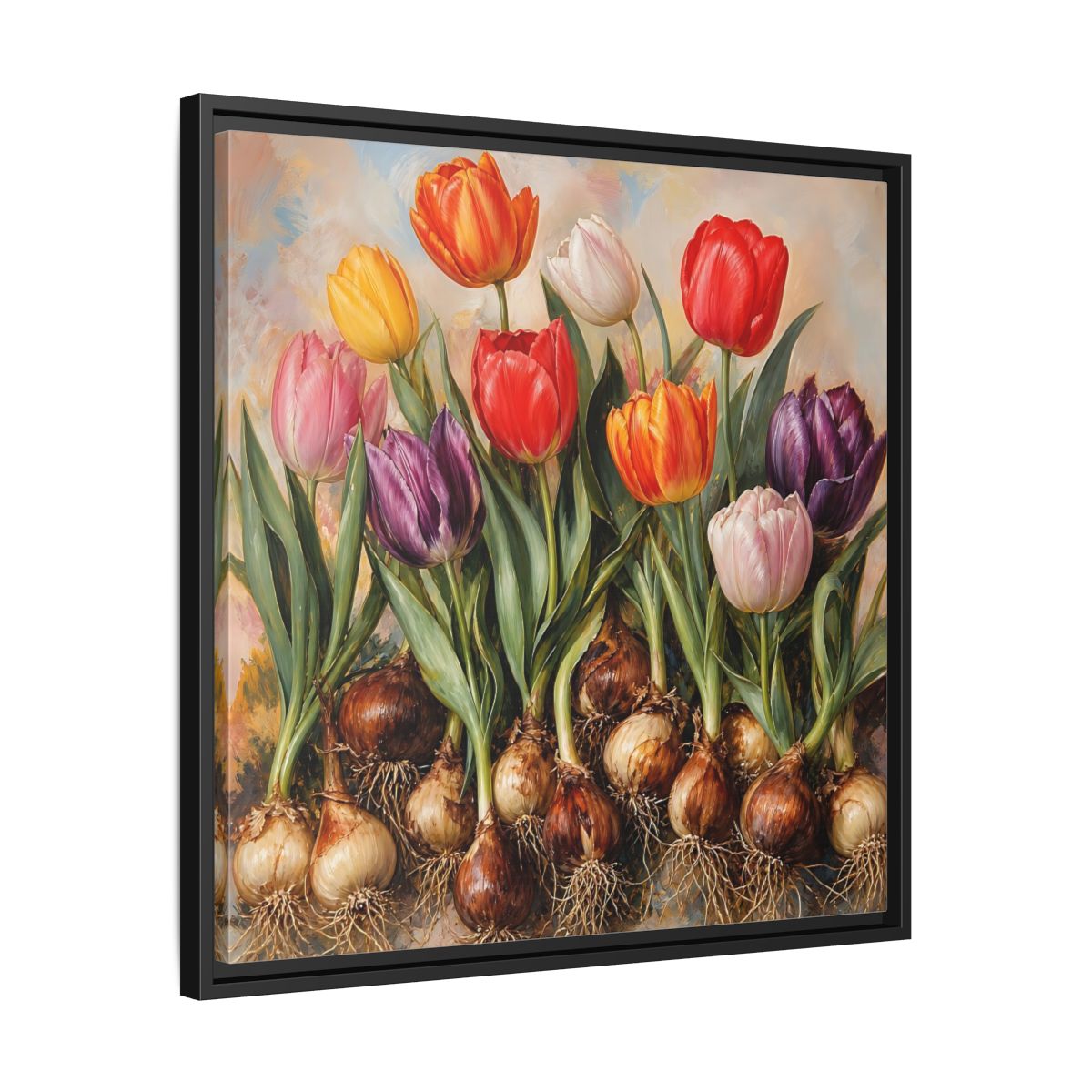 Side Mockup 31. Floral Tulips Colorful Tulip Bulbs shown as stretched canvas wall art