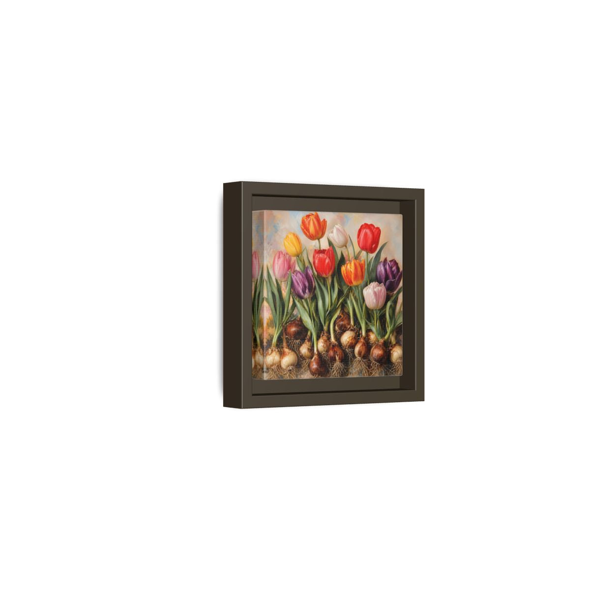 Side Mockup 23. Floral Tulips Colorful Tulip Bulbs shown as stretched canvas wall art