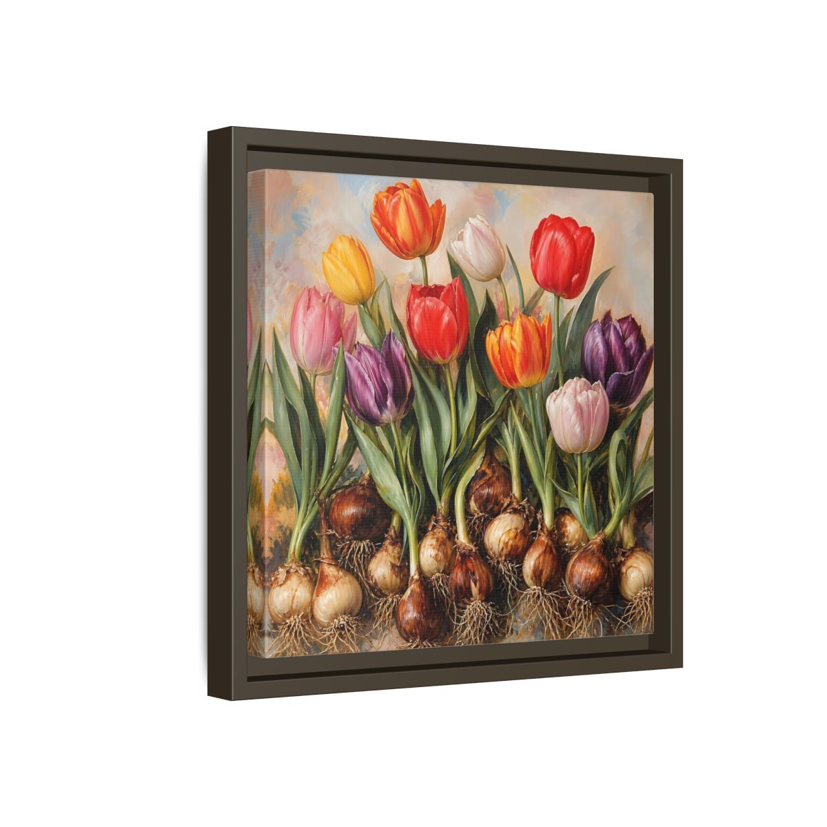 Side Mockup 17. Floral Tulips Colorful Tulip Bulbs shown as stretched canvas wall art