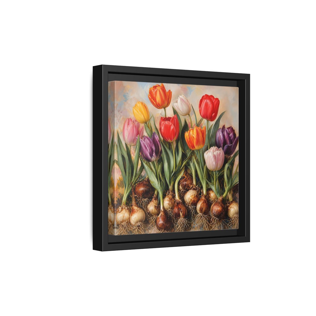 Side Mockup 21. Floral Tulips Colorful Tulip Bulbs shown as stretched canvas wall art