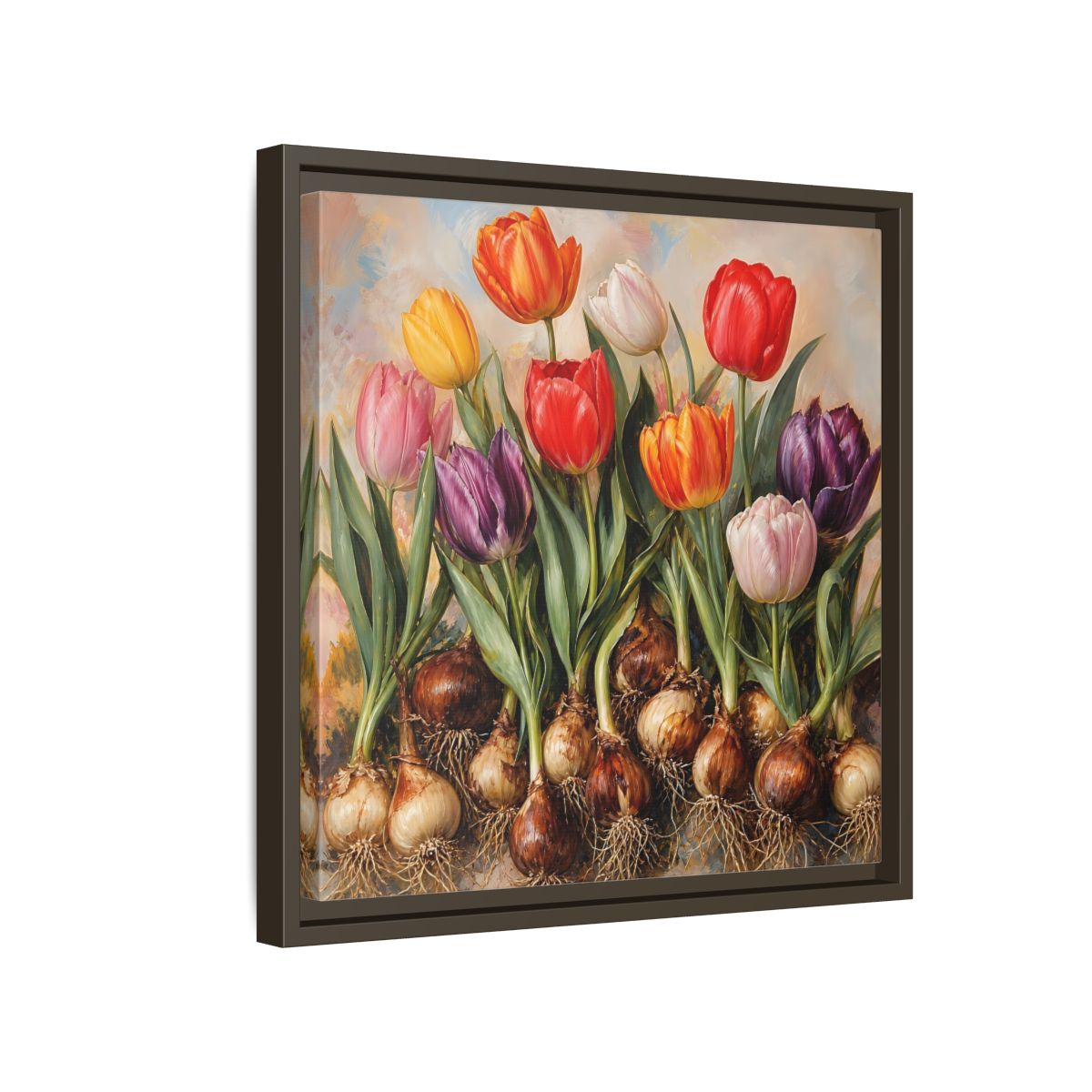 Side Mockup 14. Floral Tulips Colorful Tulip Bulbs shown as stretched canvas wall art