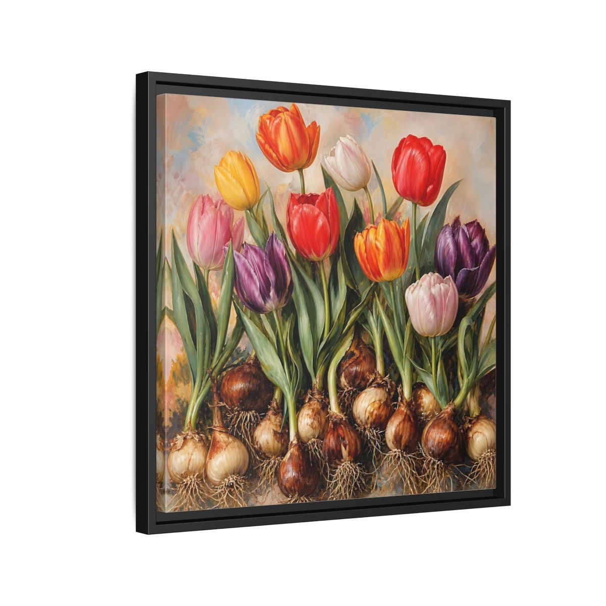 Side Mockup 12. Floral Tulips Colorful Tulip Bulbs shown as stretched canvas wall art