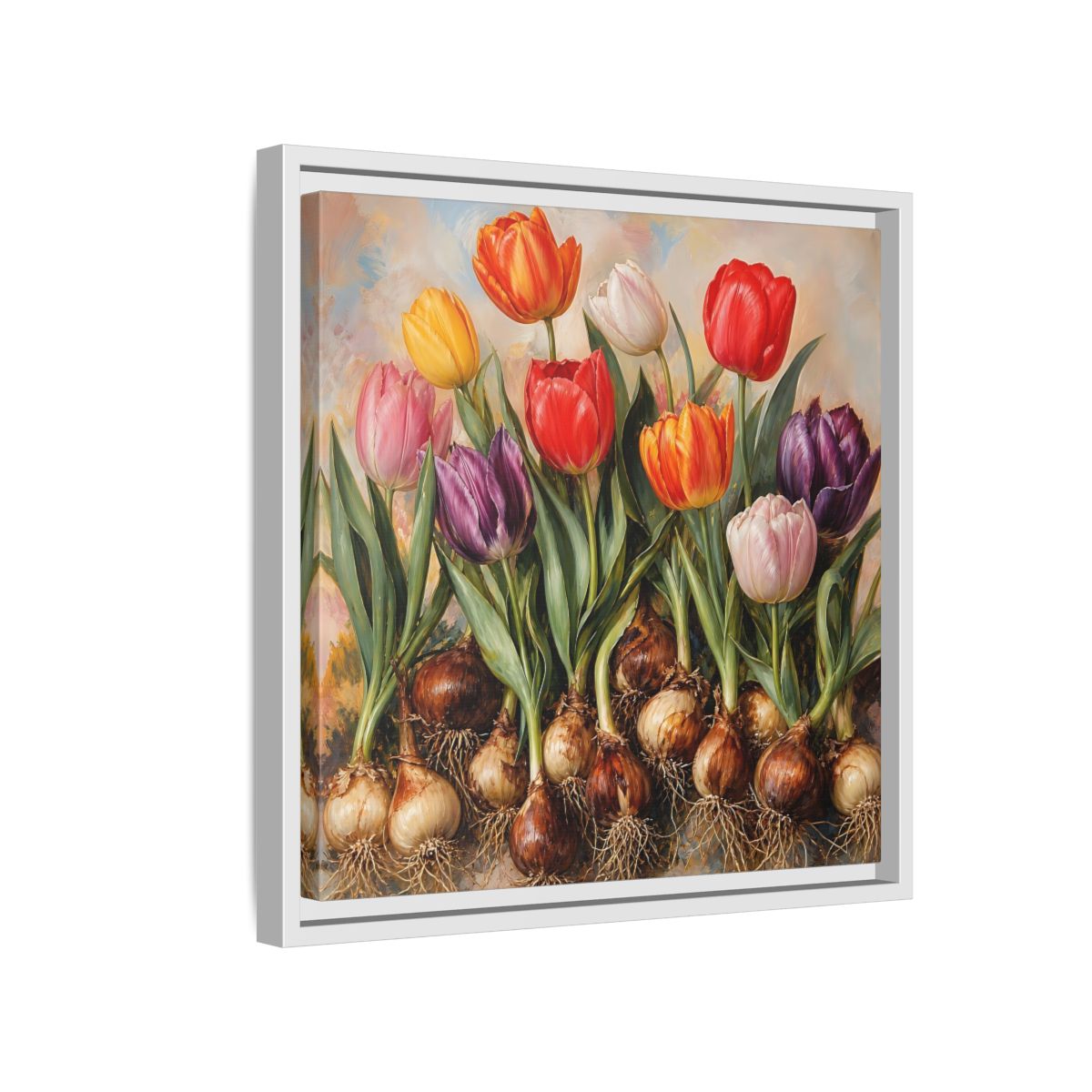 Side Mockup 13. Floral Tulips Colorful Tulip Bulbs shown as stretched canvas wall art