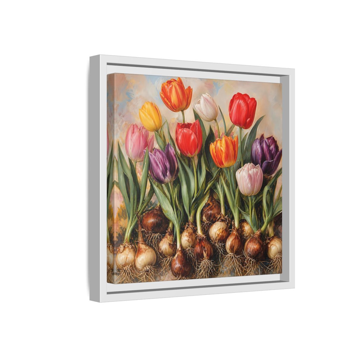 Side Mockup 16. Floral Tulips Colorful Tulip Bulbs shown as stretched canvas wall art