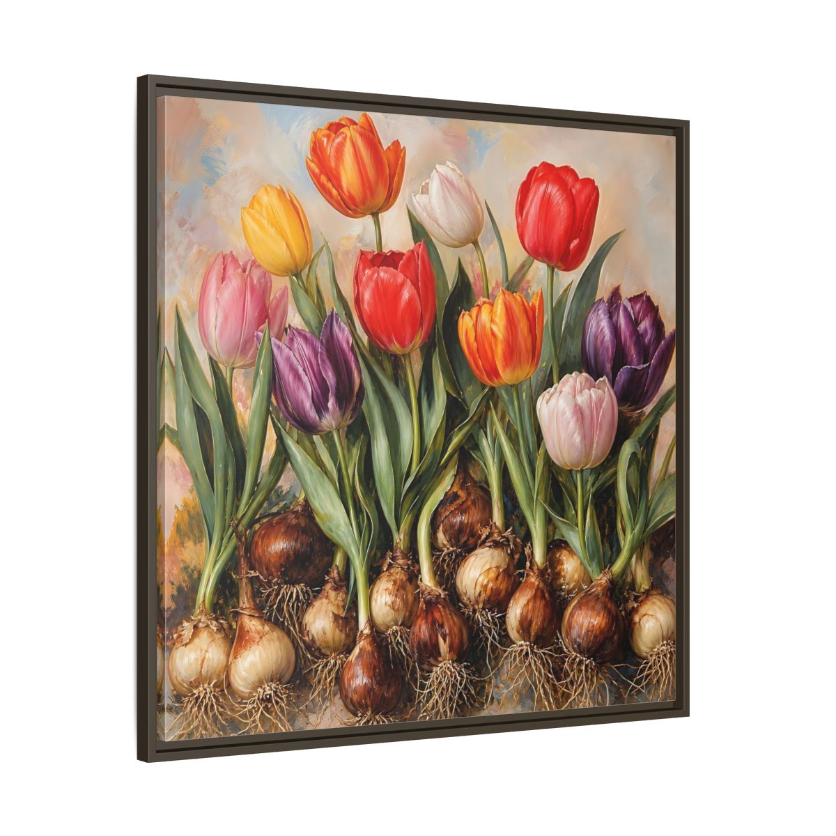 Main Mockup. Floral Tulips Colorful Tulip Bulbs shown as stretched canvas wall art