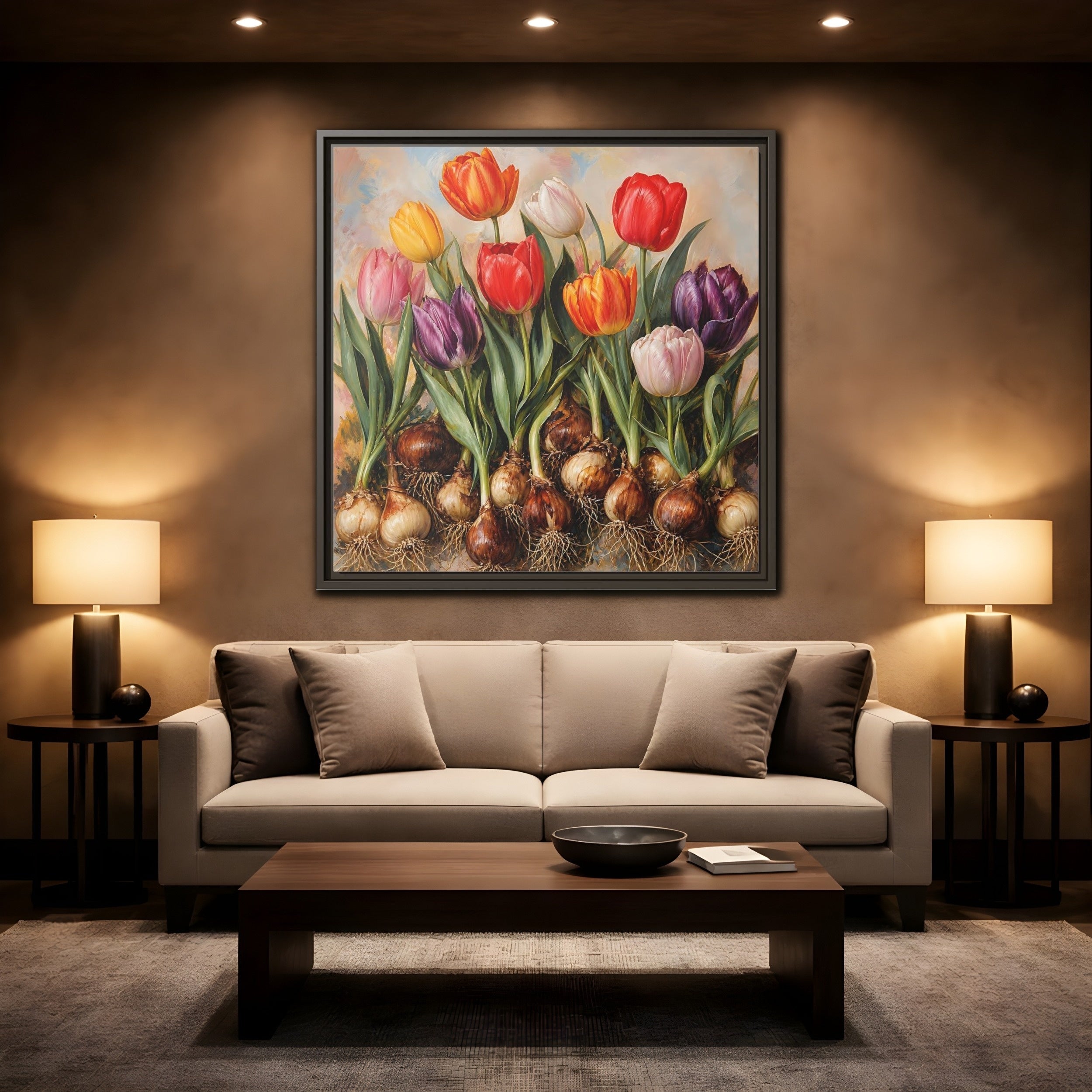 Mockup 2. Floral Tulips Colorful Tulip Bulbs shown as stretched canvas wall art