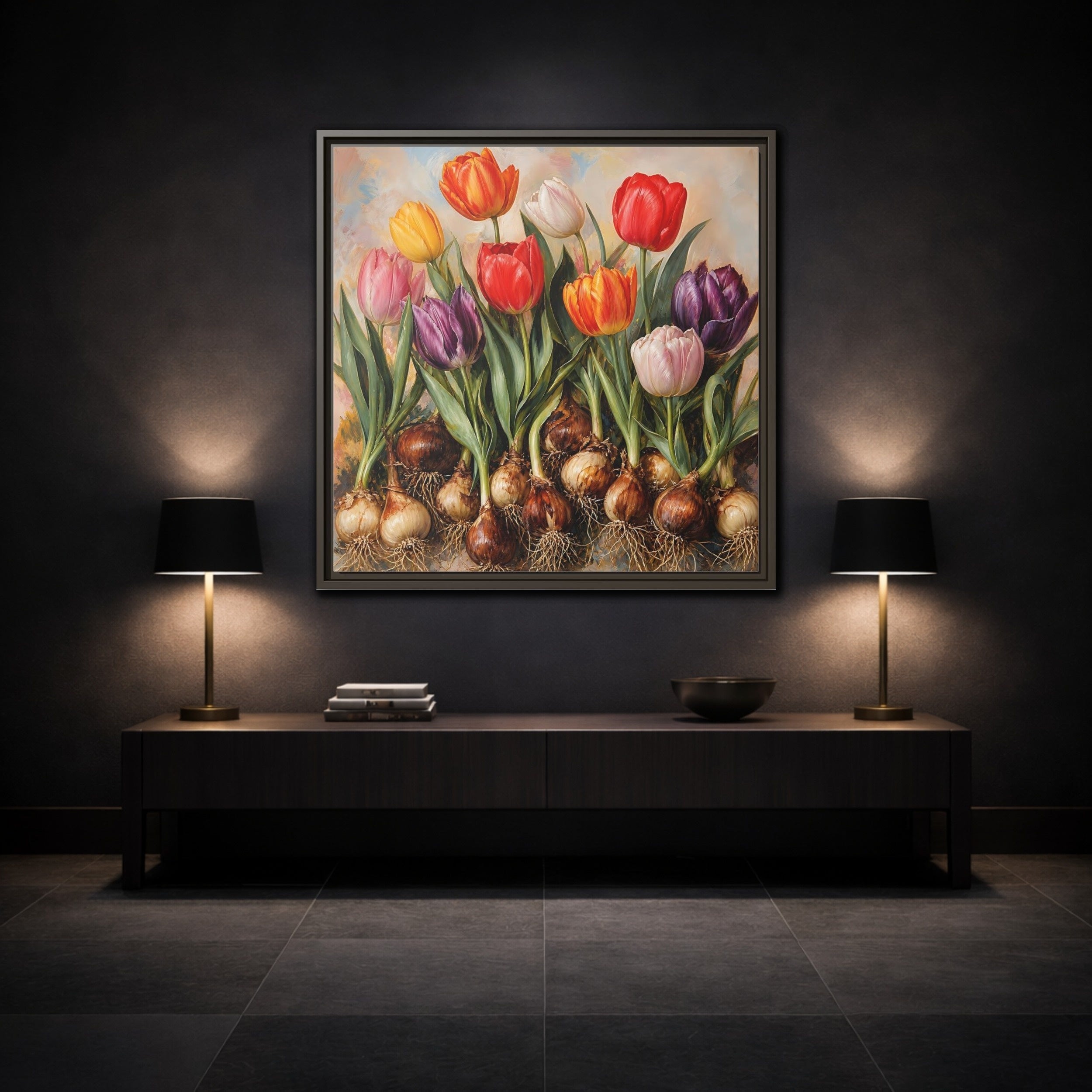 Mockup 3. Floral Tulips Colorful Tulip Bulbs shown as stretched canvas wall art