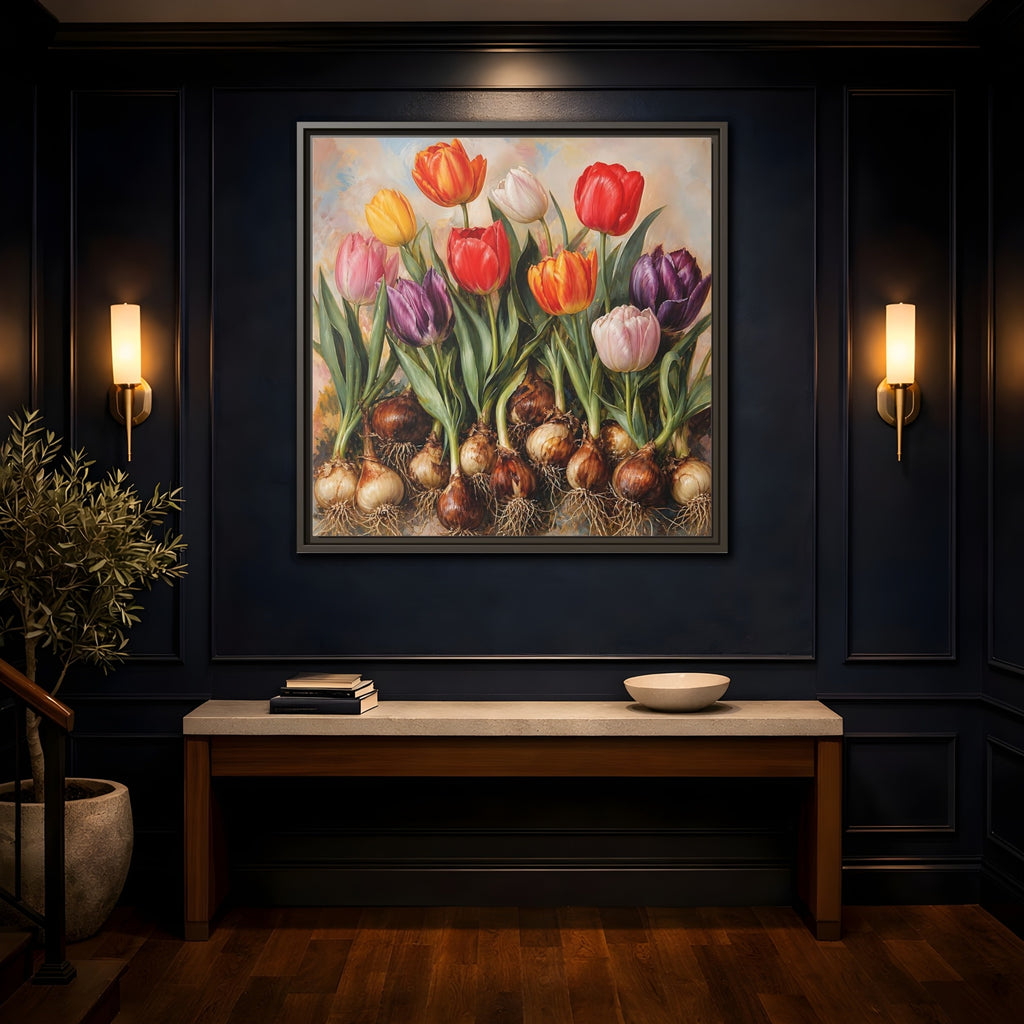 Mockup 4. Floral Tulips Colorful Tulip Bulbs shown as stretched canvas wall art
