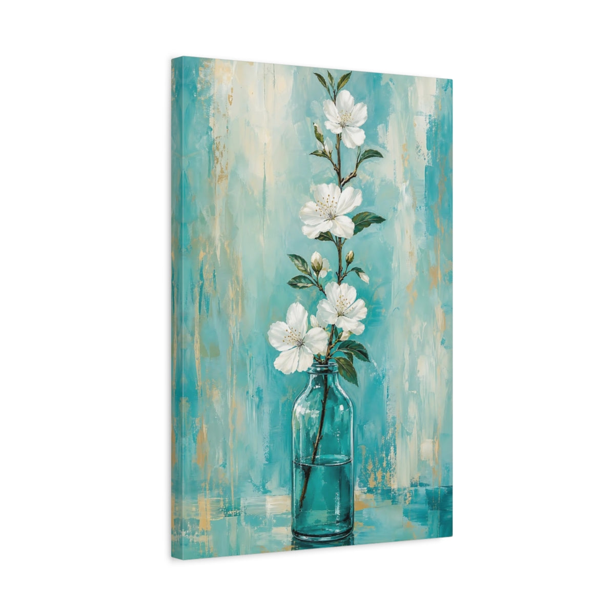 Side Mockup 3. Floral White Flowers White Flowers Teal shown as stretched canvas wall art