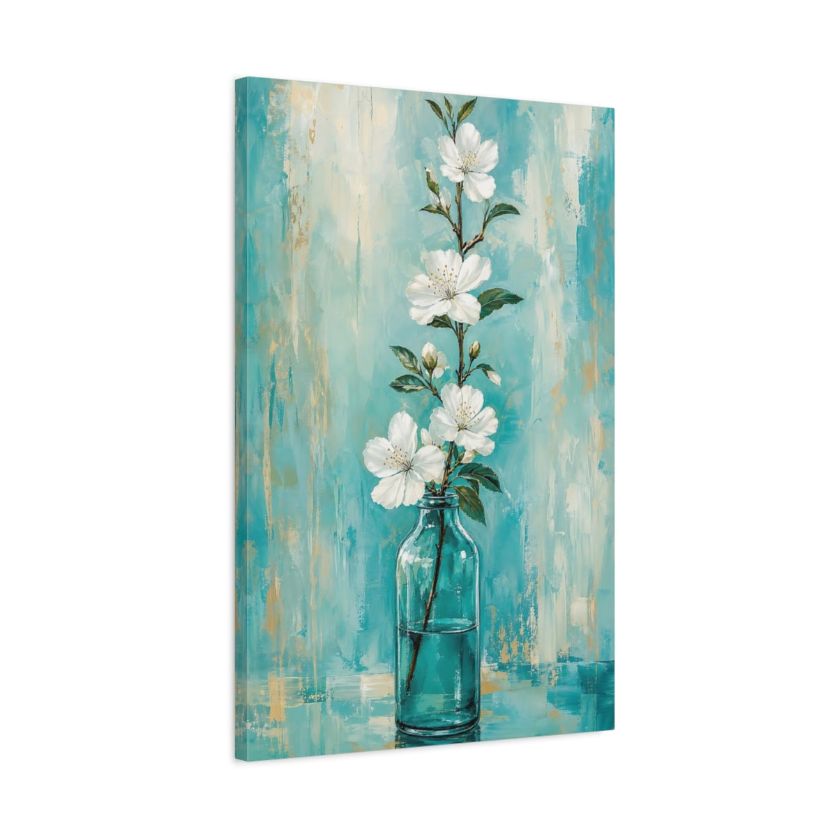 Side Mockup 2. Floral White Flowers White Flowers Teal shown as stretched canvas wall art