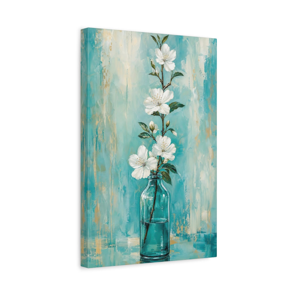 Side Mockup 4. Floral White Flowers White Flowers Teal shown as stretched canvas wall art