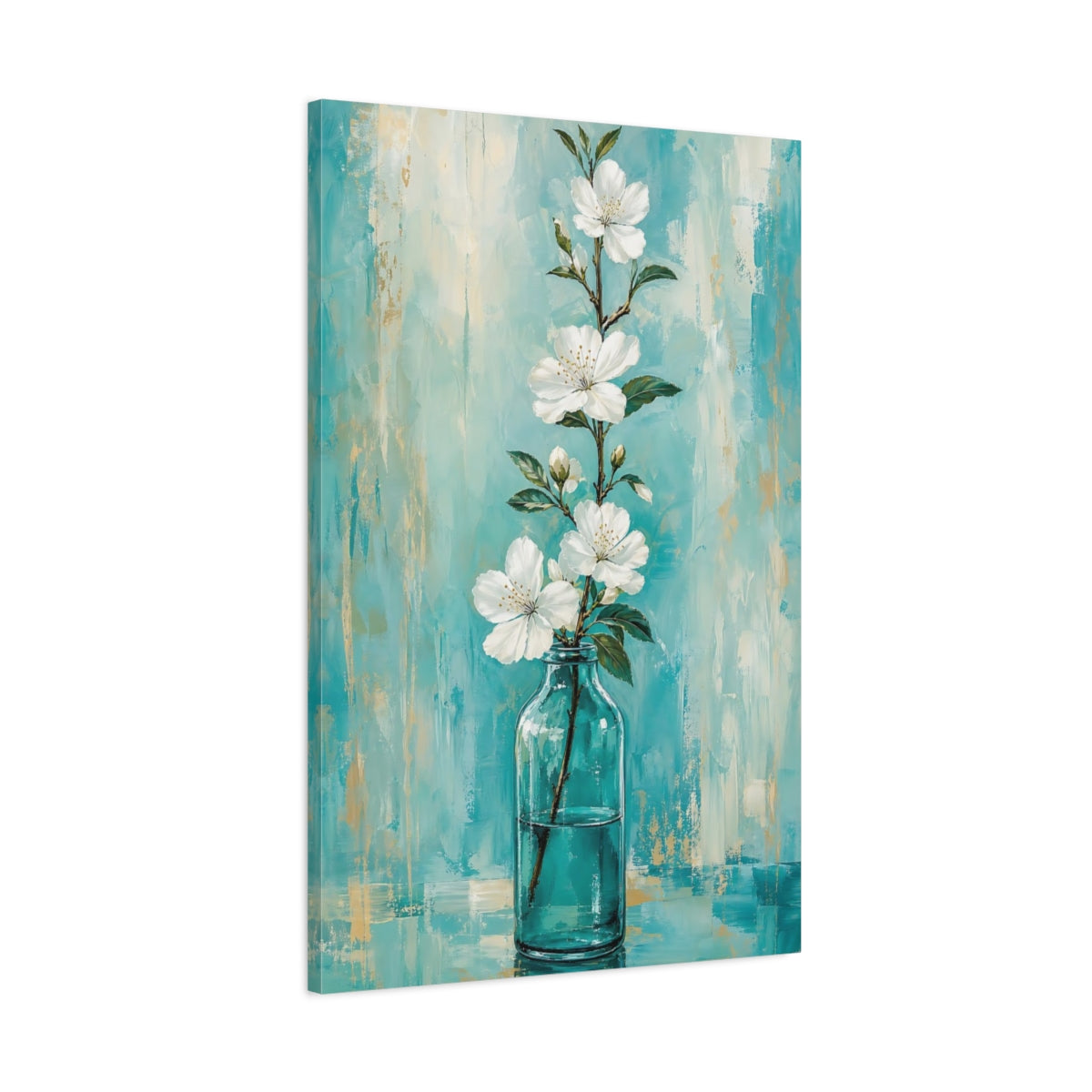 Main Mockup. Floral White Flowers White Flowers Teal shown as stretched canvas wall art