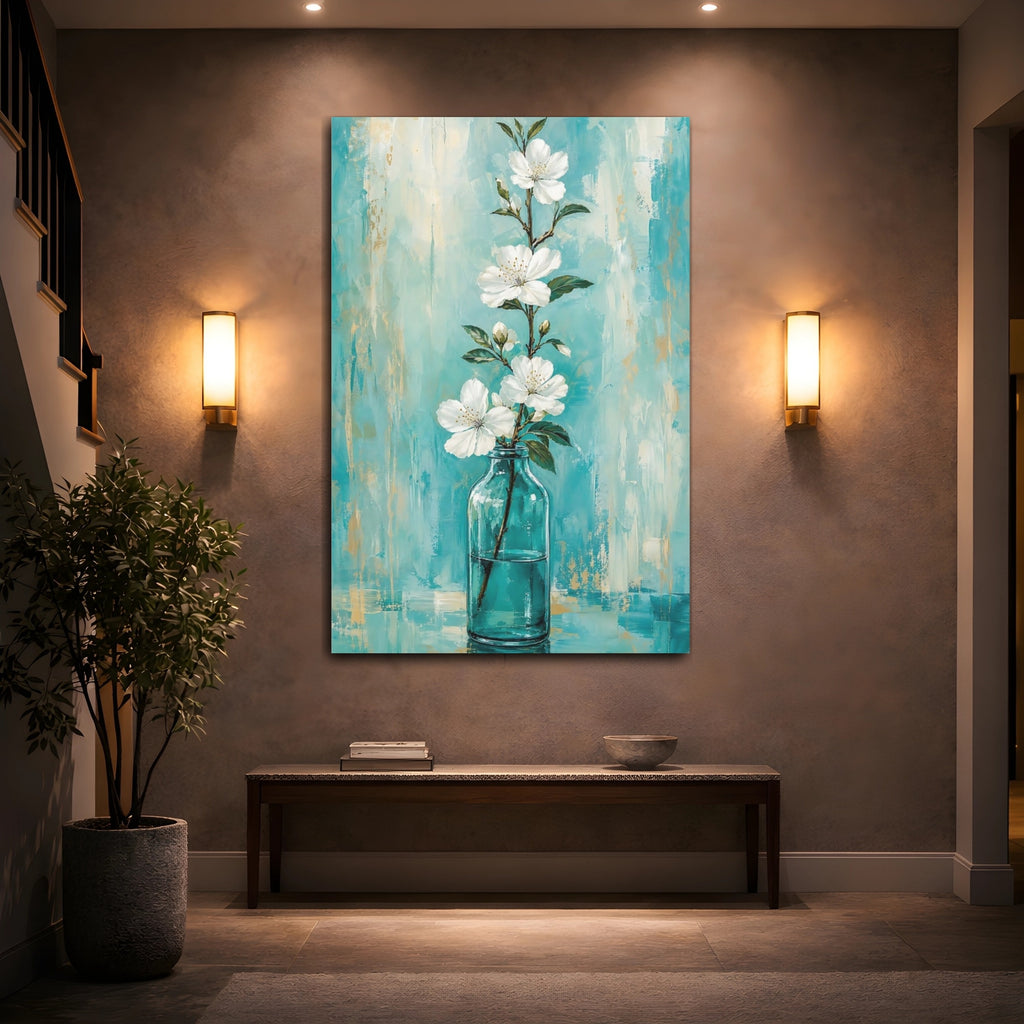 Mockup 2. Floral White Flowers White Flowers Teal shown as stretched canvas wall art