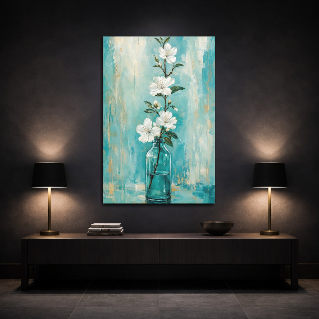 Mockup 3. Floral White Flowers White Flowers Teal shown as stretched canvas wall art