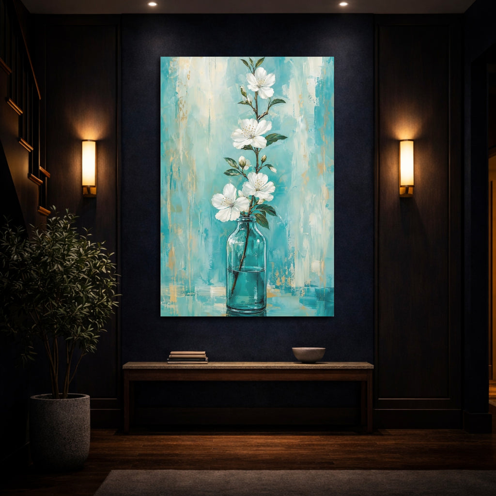 Mockup 4. Floral White Flowers White Flowers Teal shown as stretched canvas wall art