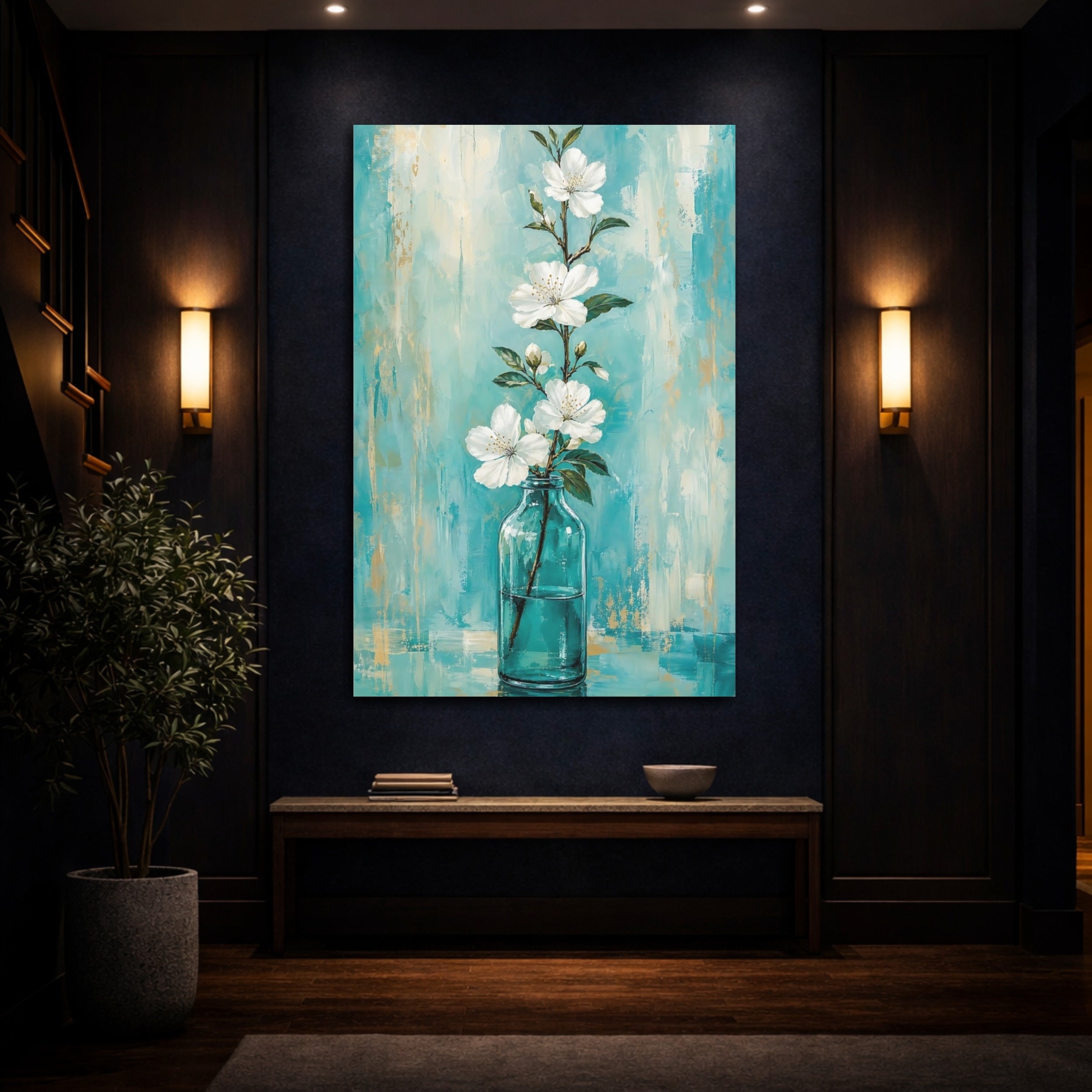 Mockup 4. Floral White Flowers White Flowers Teal shown as stretched canvas wall art