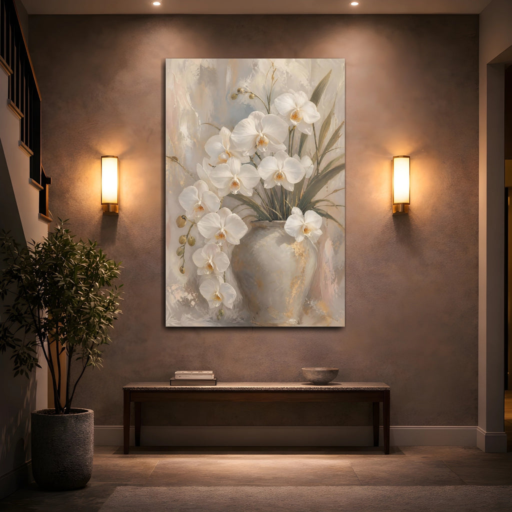 Mockup 2. Floral White Orchids White Orchid Floral shown as stretched canvas wall art