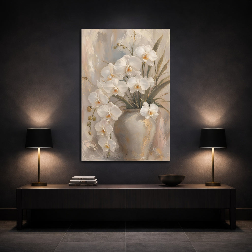 Mockup 3. Floral White Orchids White Orchid Floral shown as stretched canvas wall art