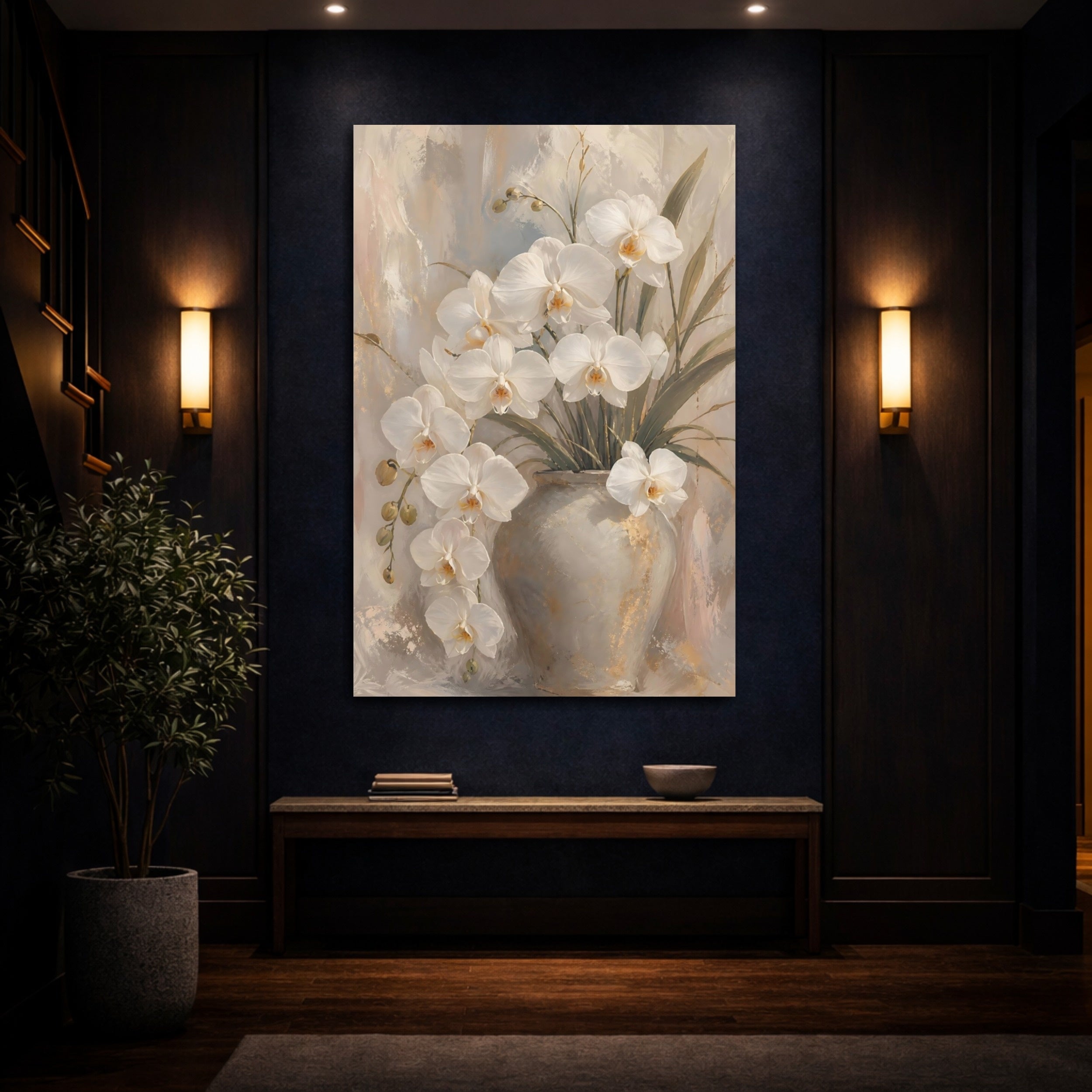 Mockup 4. Floral White Orchids White Orchid Floral shown as stretched canvas wall art