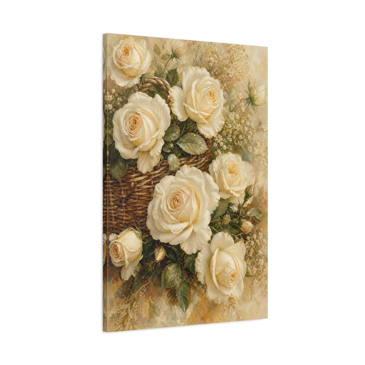 Main Mockup. Floral White Roses White Rose Basket shown as stretched canvas wall art