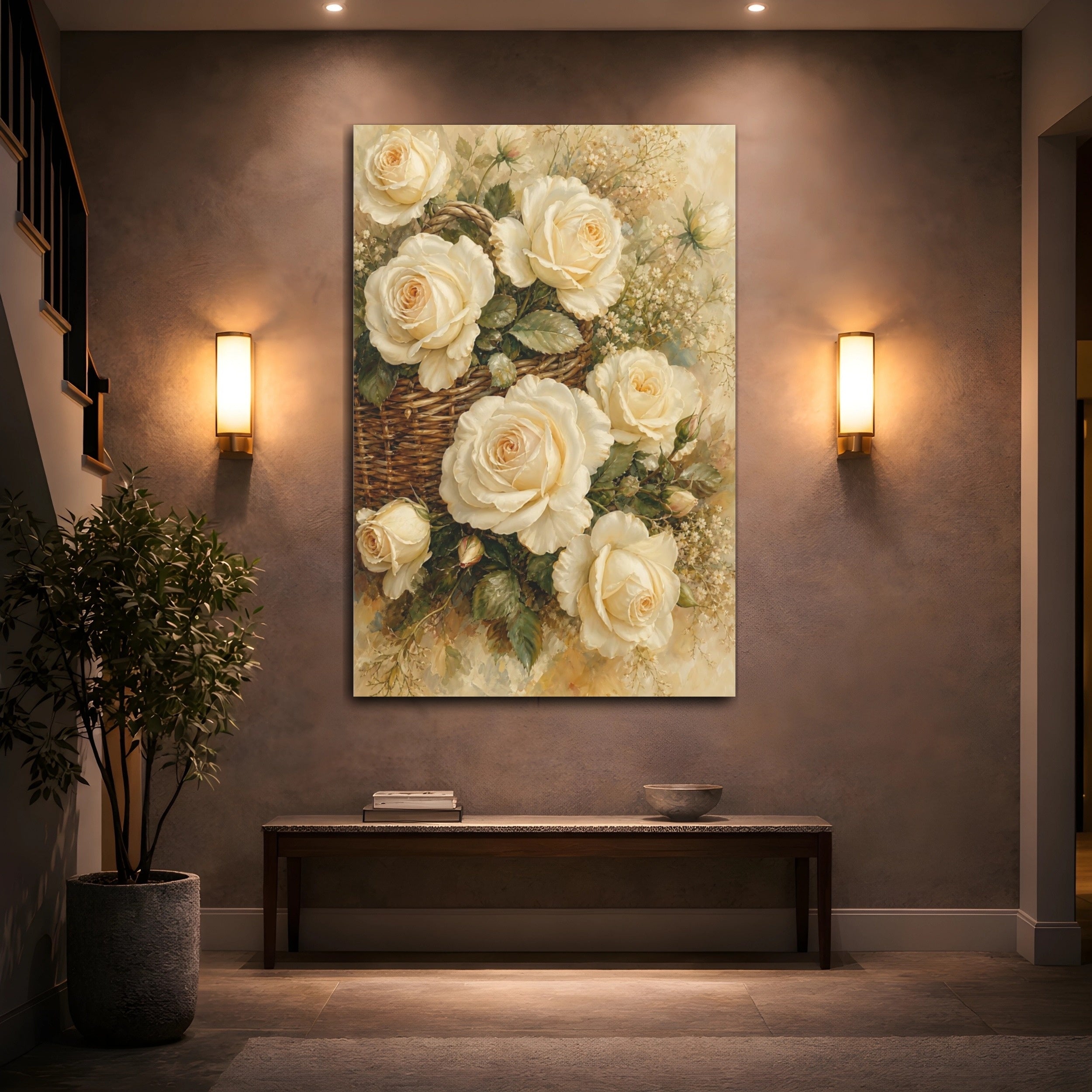 Mockup 2. Floral White Roses White Rose Basket shown as stretched canvas wall art