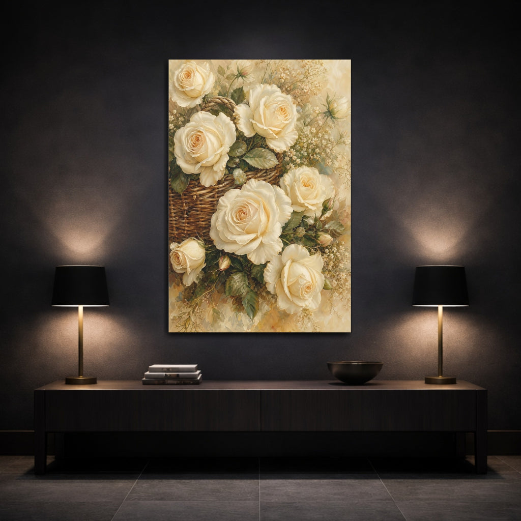 Mockup 3. Floral White Roses White Rose Basket shown as stretched canvas wall art
