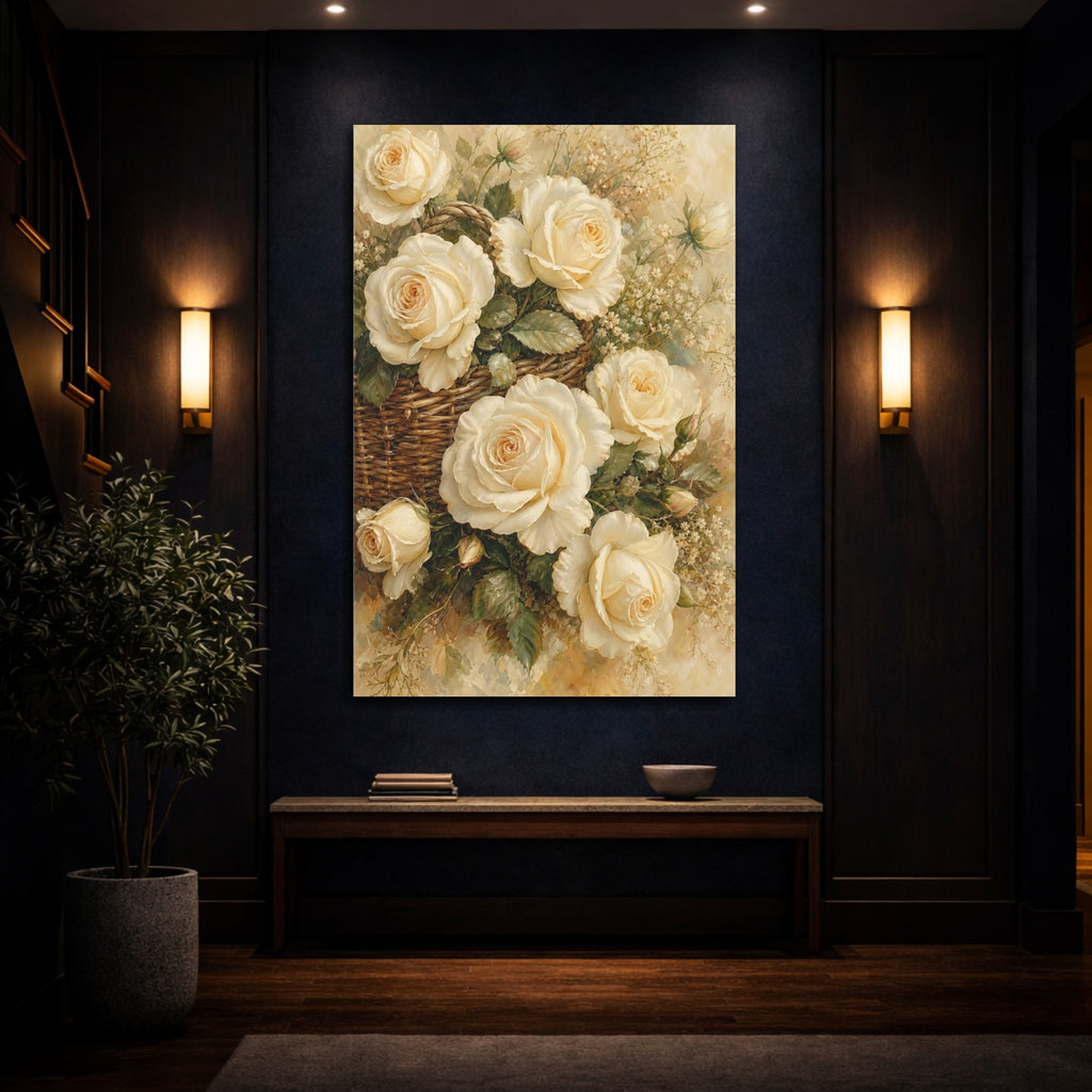 Mockup 4. Floral White Roses White Rose Basket shown as stretched canvas wall art