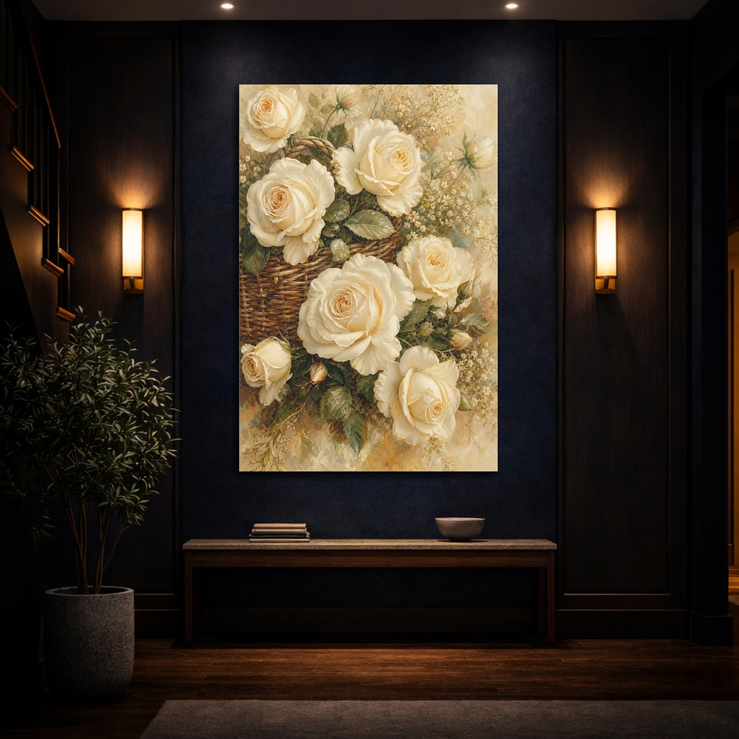 Mockup 4. Floral White Roses White Rose Basket shown as stretched canvas wall art