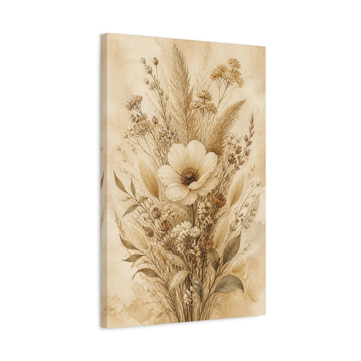 Side Mockup 3. Floral Wildflower Bouquet Earthy Tones shown as stretched canvas wall art