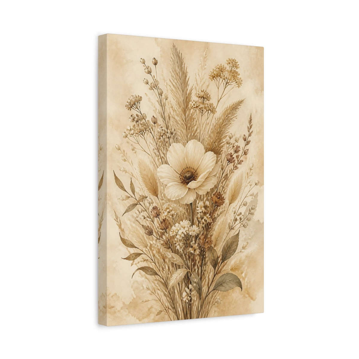 Side Mockup 4. Floral Wildflower Bouquet Earthy Tones shown as stretched canvas wall art