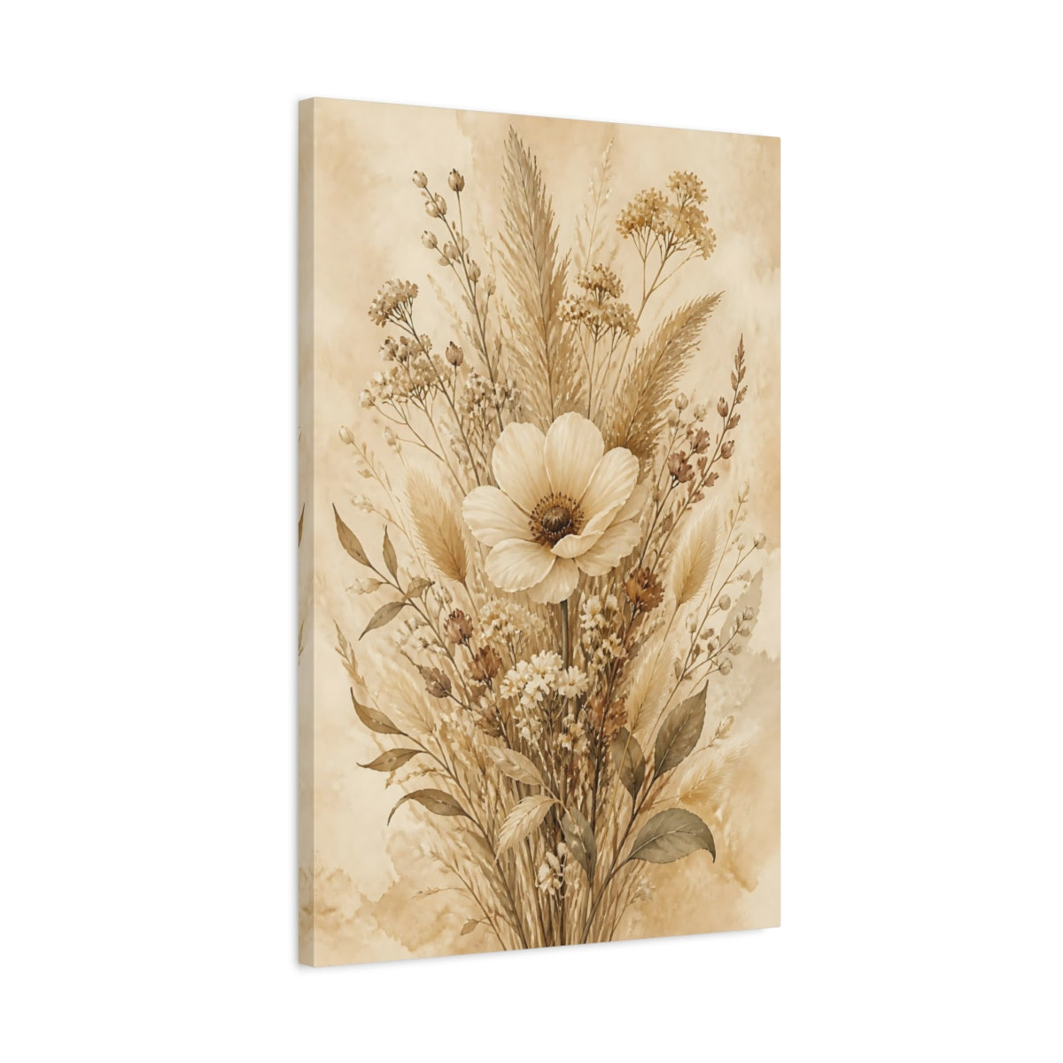 Side Mockup 2. Floral Wildflower Bouquet Earthy Tones shown as stretched canvas wall art
