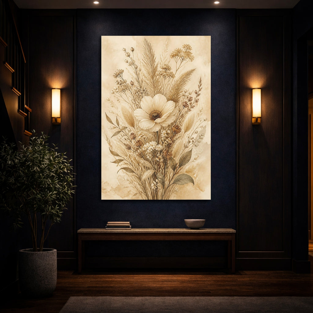 Mockup 4. Floral Wildflower Bouquet Earthy Tones shown as stretched canvas wall art