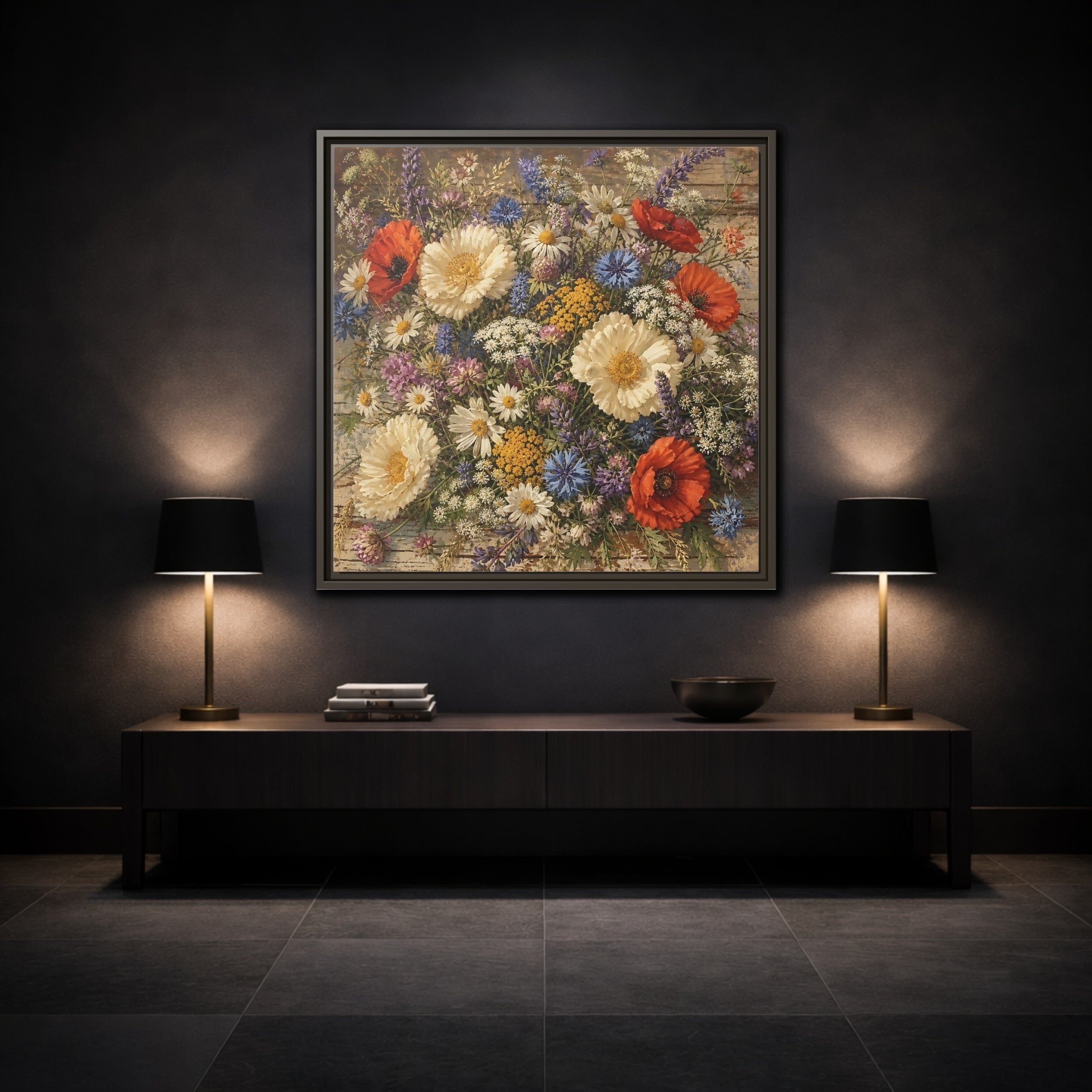 Mockup 3. Floral Wildflowers Colorful Wildflowers shown as stretched canvas wall art