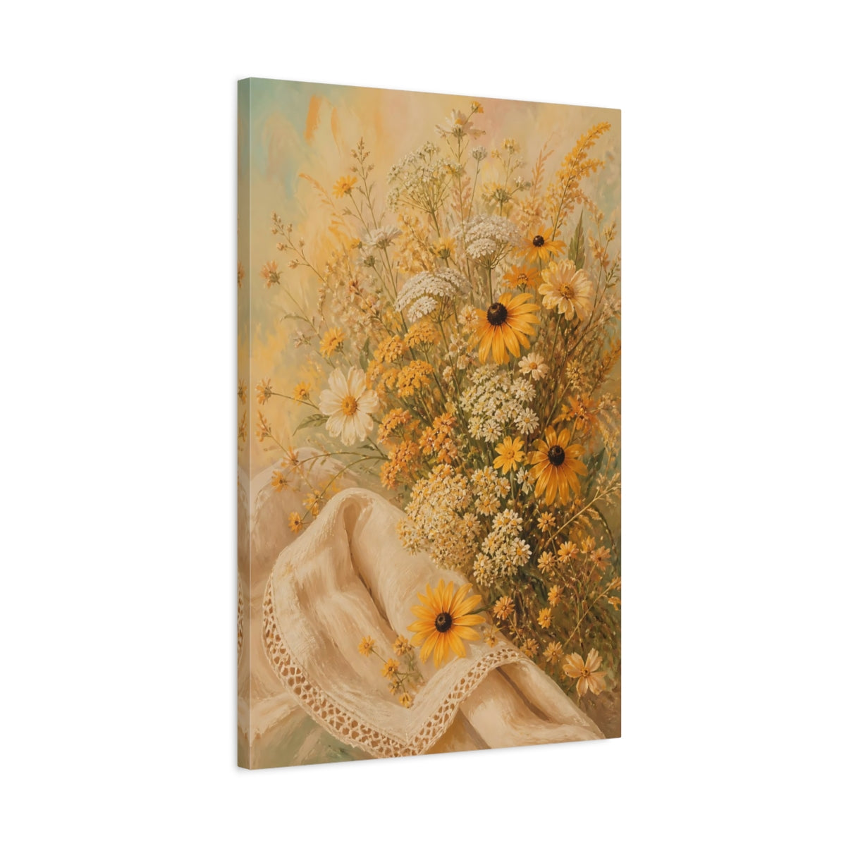 Side Mockup 2. Floral Wildflowers Yellow Wildflowers shown as stretched canvas wall art