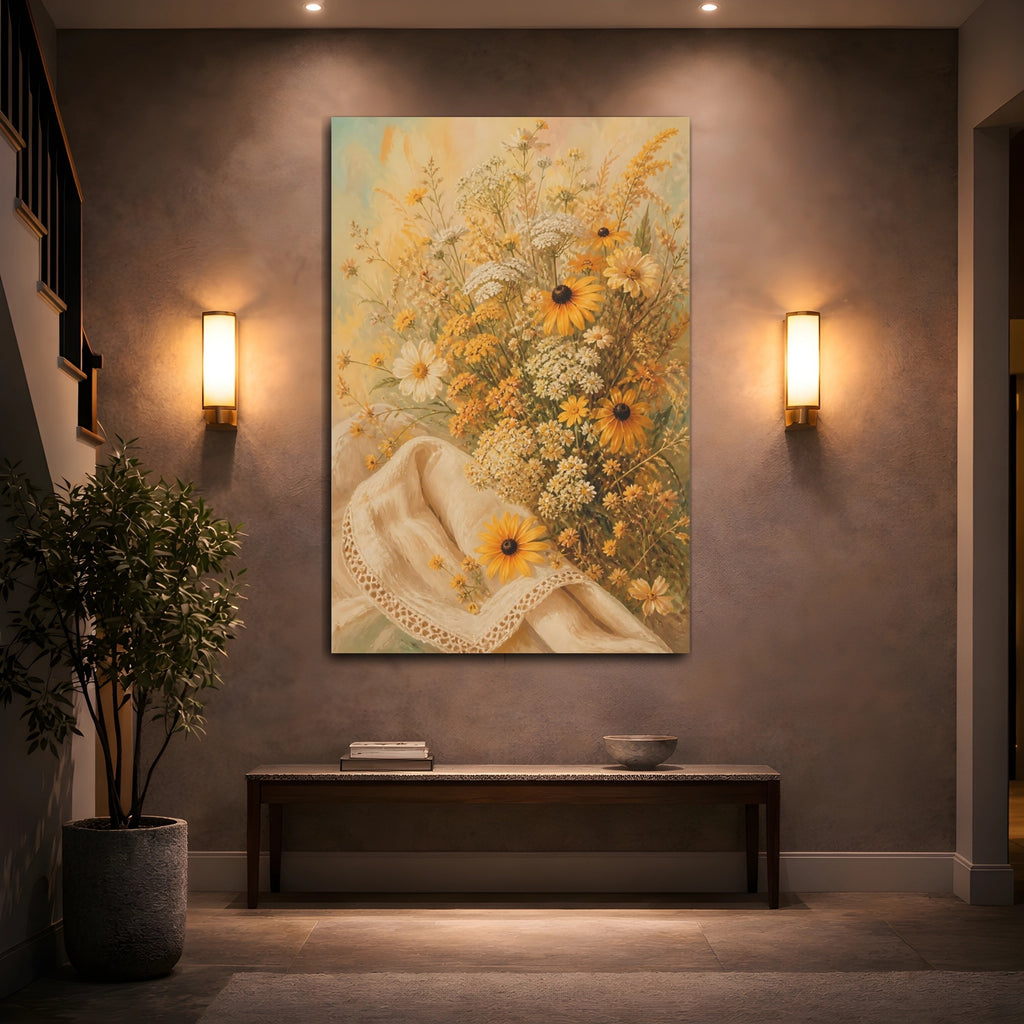 Mockup 2. Floral Wildflowers Yellow Wildflowers shown as stretched canvas wall art
