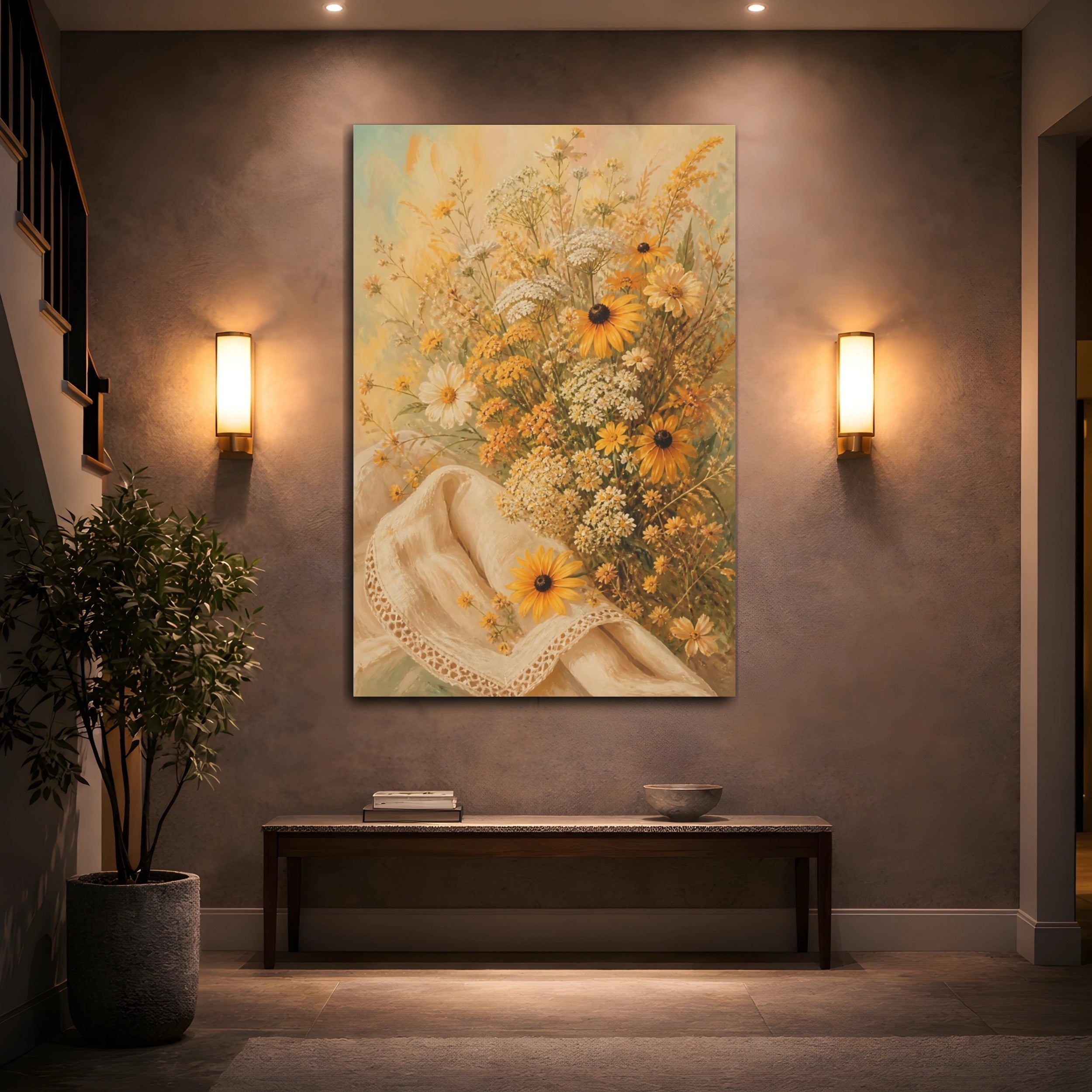 Mockup 2. Floral Wildflowers Yellow Wildflowers shown as stretched canvas wall art