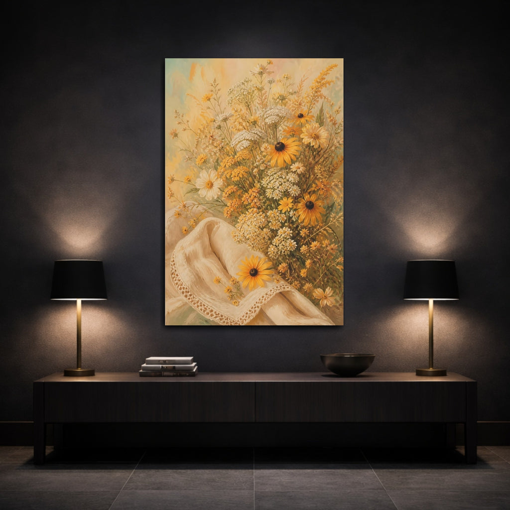 Mockup 3. Floral Wildflowers Yellow Wildflowers shown as stretched canvas wall art