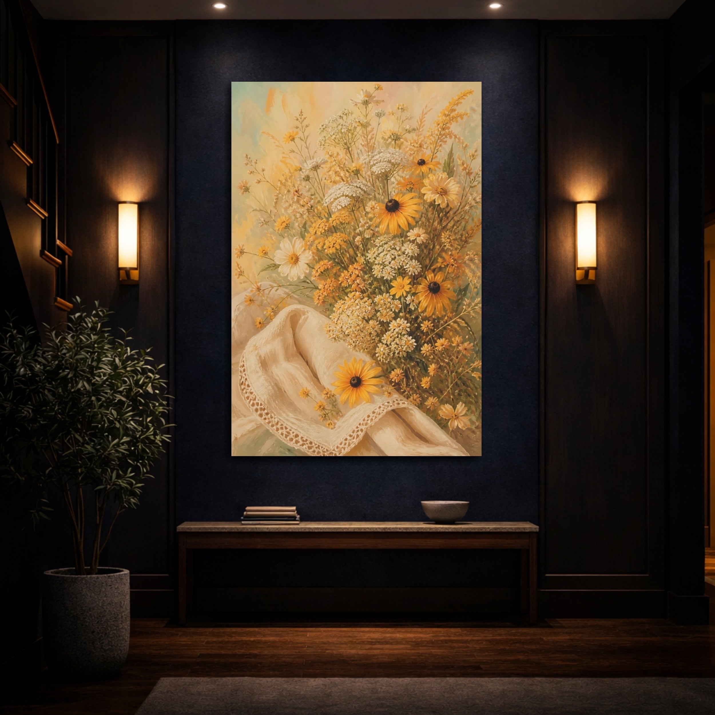 Mockup 4. Floral Wildflowers Yellow Wildflowers shown as stretched canvas wall art