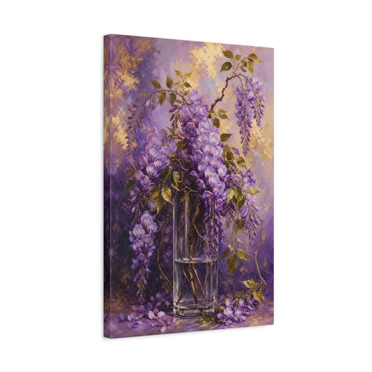 Side Mockup 3. Floral Wisteria Flowers Purple Wisteria shown as stretched canvas wall art